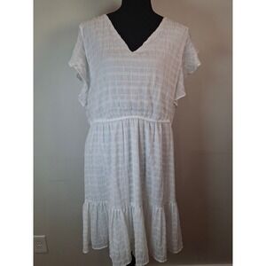 DKNY White Metallic Lurex Plaid V-Neck Flutter Sleeve Tiered Ruffle Dress Sz 16